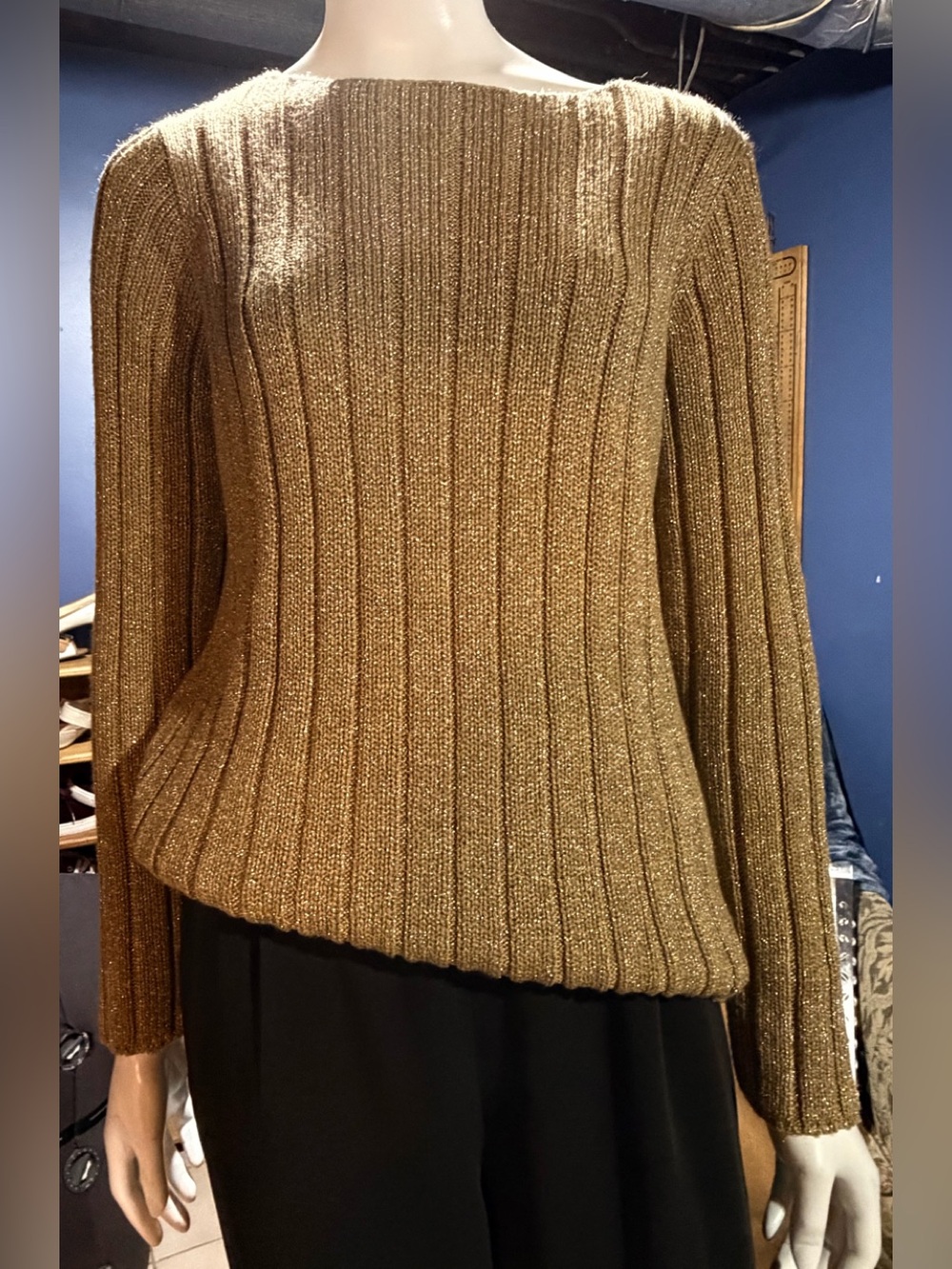 Jones New York Metallic Gold Ribbed Scoop Neck Sweater